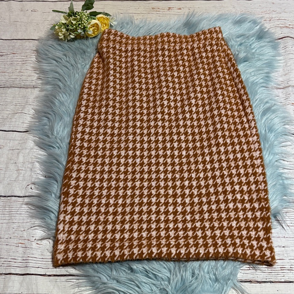 Ann Taylor Tan and Cream Houndstooth Stretch Pencil Skirt sz XS